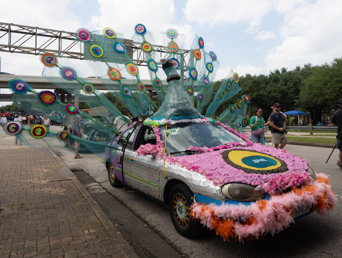 Percy Peacock art car owned by Sherri and Mark Garrett in the Houston Art Car Parade in 2023