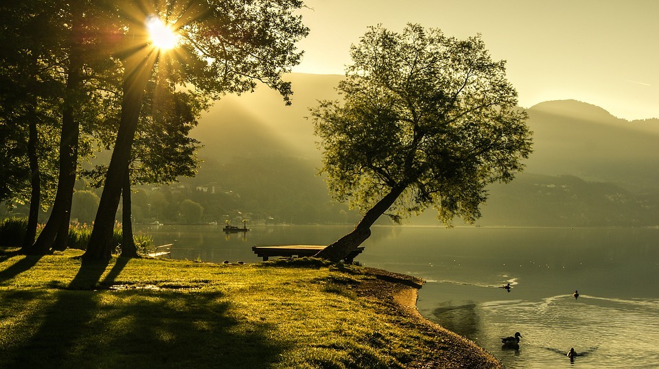 a landscape of a lake in the early morning with the sun rising
