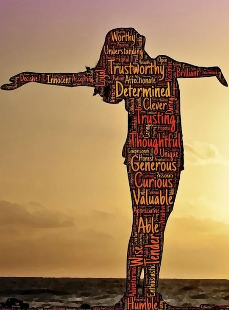 orange skies, silhouette of a girl extending her arms, positive affirmations on the silhouette of the girl