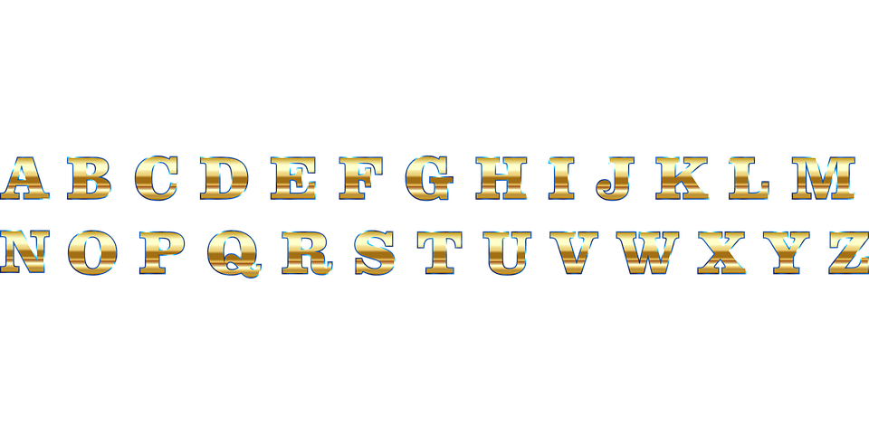 letters from A-Z, all capital letters, letters with metallic gold color