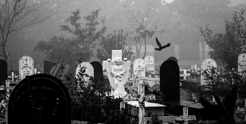a cemetery with tombs in a black and white color