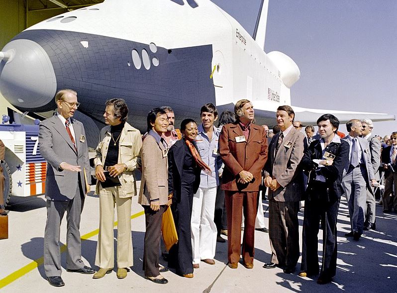 In 1976, the Space Shuttle Enterprise testbed was named after the fictional starship with Star Trek television cast members and creator Gene Roddenberry